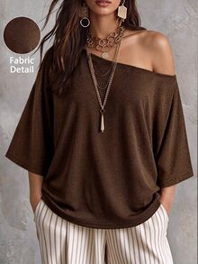Linhara Plus Size Women's Shiny Glitter Top, Loose Batwing Mid-Sleeve, Asymmetrical Shoulder Sexy Slimming T-Shirt - Brown - View 1