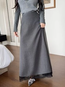Feyla Women's Lace Patchwork Casual Daily Skirt - Dark Grey - View 6