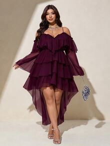 Viva Relle Plus Size Sexy Cold Shoulder Spaghetti Strap Front Short Back Long Burgundy Dress Fall - Red Violet - View 5