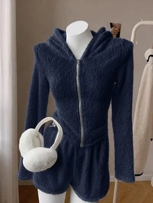 SHEIN EZwear 女款秋冬新款純色長袖短版休閒簡約連帽毛絨外套，居家日常穿著，白色，適合夜晚與假期 - 藏蓝色 - 查看 3