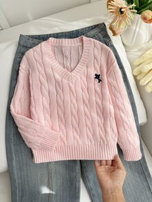 SHEIN 1件女童經典粗針編織套頭毛衣，淡粉色冬季返校女學生V領修身長袖上衣，附馬匹刺繡 - 粉色 - 查看 5