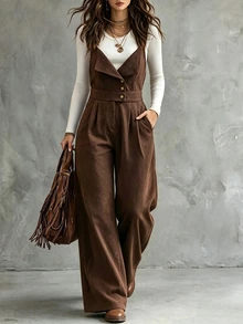 LUMIGAL Vintage Corduroy Overalls, Versatile Western Cowboy Style, Casual Commute Jumpsuit For Women - Brown - View 1