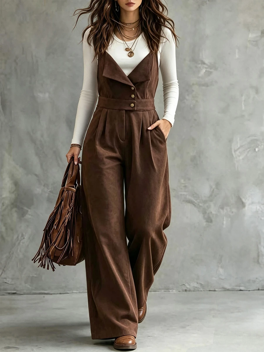 LUMIGAL Vintage Corduroy Overalls, Versatile Western Cowboy Style, Casual Commute Jumpsuit For Women - Brown - View 1