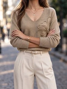 RosyDaze V-Neck 3D Butterfly Patchwork Loose Drop Shoulder Knit Sweater Women Slouchy Long Sleeve Pullover - Volcanic Gray - View 5