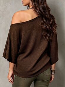 Linhara Plus Size Women's Shiny Glitter Top, Loose Batwing Mid-Sleeve, Asymmetrical Shoulder Sexy Slimming T-Shirt - Brown - View 2