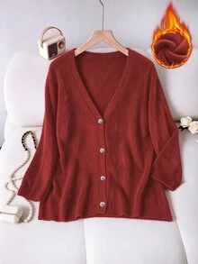 GlowEve CURVE Plus Size Women's Solid Color Long Sleeve Single-Breasted Casual Cardigan, Spring/Summer - Burgundy - View 1