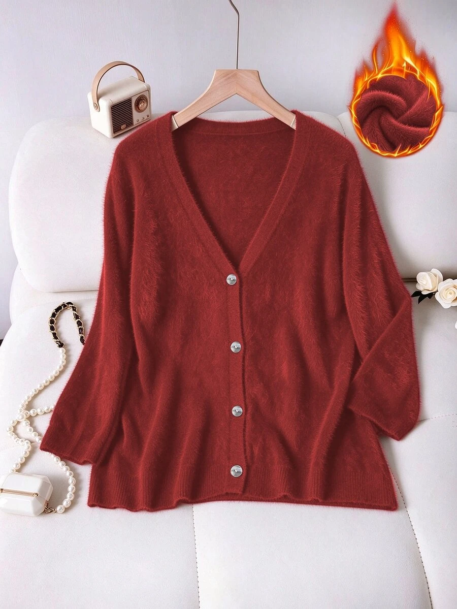 GlowEve CURVE Plus Size Women's Solid Color Long Sleeve Single-Breasted Casual Cardigan, Spring/Summer - Burgundy - View 1