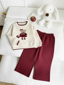 SHEIN 2026 春/秋新款 4-7 歲女童毛衣套裝，2 件套，適合休閒外出、週末家庭聚會和學校活動 - 紅色 - 查看 7