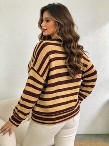 Elenzga Plus Size Women's Striped Crew Neck Drop Shoulder Long Sleeve Casual Pullover Sweater - Yellow - View 2