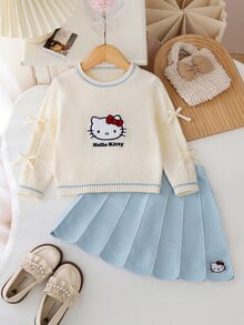 HELLO KITTY AND FRIENDS | SHEIN GraphicGems 女童 2 件套針織套裝，圓領毛衣與裙子，毛巾刺繡套頭針織上衣搭配紅色裙子，柔軟舒適，簡約可愛優雅風，長袖，適合旅行與外出，秋冬款 - 藍色 - 查看 1
