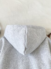 SHEIN 青少年女孩休閒灰色連帽棉絨抓絨衛衣，寬鬆版型豹紋印花套頭上衣，百搭日常秋冬新款 - 灰色 - 查看 5