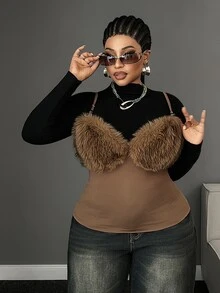 Maweii Plus Size Sleeveless Fur Trim Sexy Camisole Tank Top - Brown - View 4