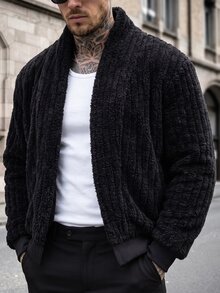 Manfinity CasualCool 男士長袖純色開襟抓絨外套，萬聖節、聖誕節、新年禮物 - 黑色 - 查看 5