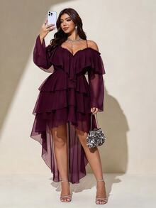Viva Relle Plus Size Sexy Cold Shoulder Spaghetti Strap Front Short Back Long Burgundy Dress Fall - Red Violet - View 2