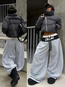 Coolane Women's & Men's Winter Streetwear Casual Going Out Sportswear Athleisure Graphics Color-Blocked Grey Elastic Waistband Banana Harem Pants - Grey - View 3