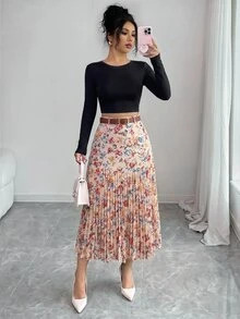 Elenzga 女款優雅波點印花拼接百褶裙 - 彩色 - 查看 6