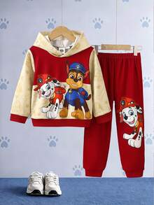 SHEIN | PAW Patrol 男童棕色米色拼接卡通狗字母印花連帽衫套裝 秋季休閒寬鬆長袖羅紋袖口返校穿搭 冬季 - 彩色 - 查看 5