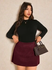 Elaquor Plus Size Solid Color High Waist Skirt, Suitable For Work Brown Fall - Redwood - View 7