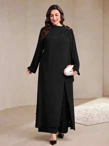 Veilorie Plus Size Women Solid Color Metal Shoulder Design Long Sleeve Robe And Wide Leg Pants Casual 2 Pieces Set - Black - View 7