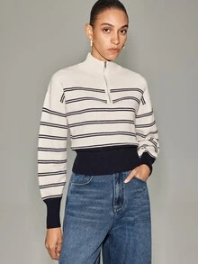 Anewsta Essential Women's New Autumn/Winter Long Sleeve Stand Collar Zipper Contrast Color Striped Knit Sweater - Apricot - View 4
