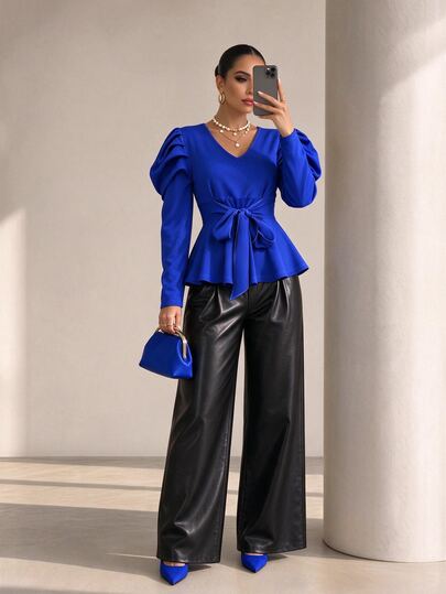 Structelle Elegant Casual Commute Professional V-Neck Gigot Sleeve Tie-Up Royal Blue Women's T-Shirt