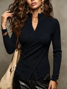SHEIN Women's Semi-High Neck Asymmetric Knit Base Layer Top, Slim Fit Asymmetrical Hem Long Sleeve Elegant Innerwear - Black - View 5