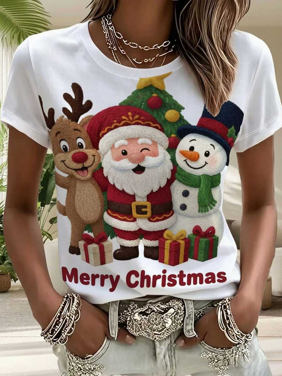EMERY ROSE Plus Size Women'S Christmas Theme T-Shirt, Reindeer Santa Snowman Christmas Tree Gift Print, Holiday Party Casual Wear - Multicolor - View 1