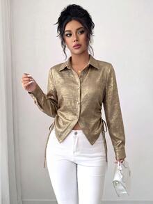 SHEIN Elenzya Women's Metal Texture Button Waist Tie Blouse - Gold - View 3