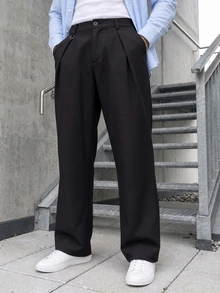 Manfinity CasualCool 男士成熟休閒百褶純色正式風寬鬆黑色長褲，節日禮物完美選擇 - 黑色 - 查看 1
