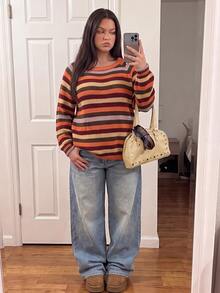 Comfortcana Plus Size Burnt Orange Striped Pattern Raglan Sleeve Sweater Halloween Thanksgiving Formal Graduation Vacation Autumn Retro Casual 80s - Multicolor - View 6