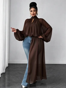 Maweii Plus Size Sexy Design Pleated Long Sleeve Blouse - Rust Brown - View 1