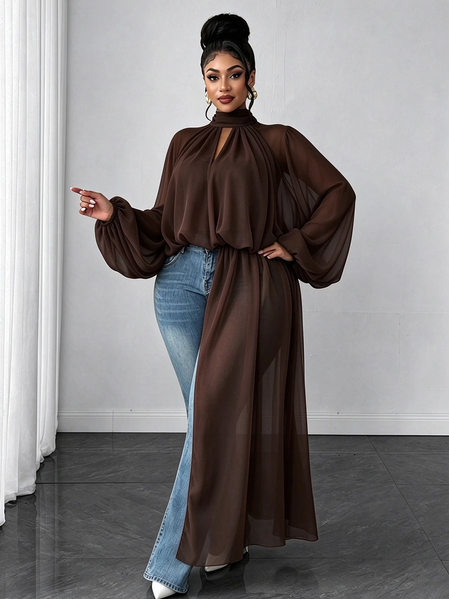 Maweii Plus Size Sexy Design Pleated Long Sleeve Blouse - Rust Brown - View 1