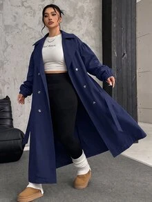 SHEIN EZwear Plus Size Army Green Long Trench Coat, Autumn/Winter Fall - Navy Blue - View 3