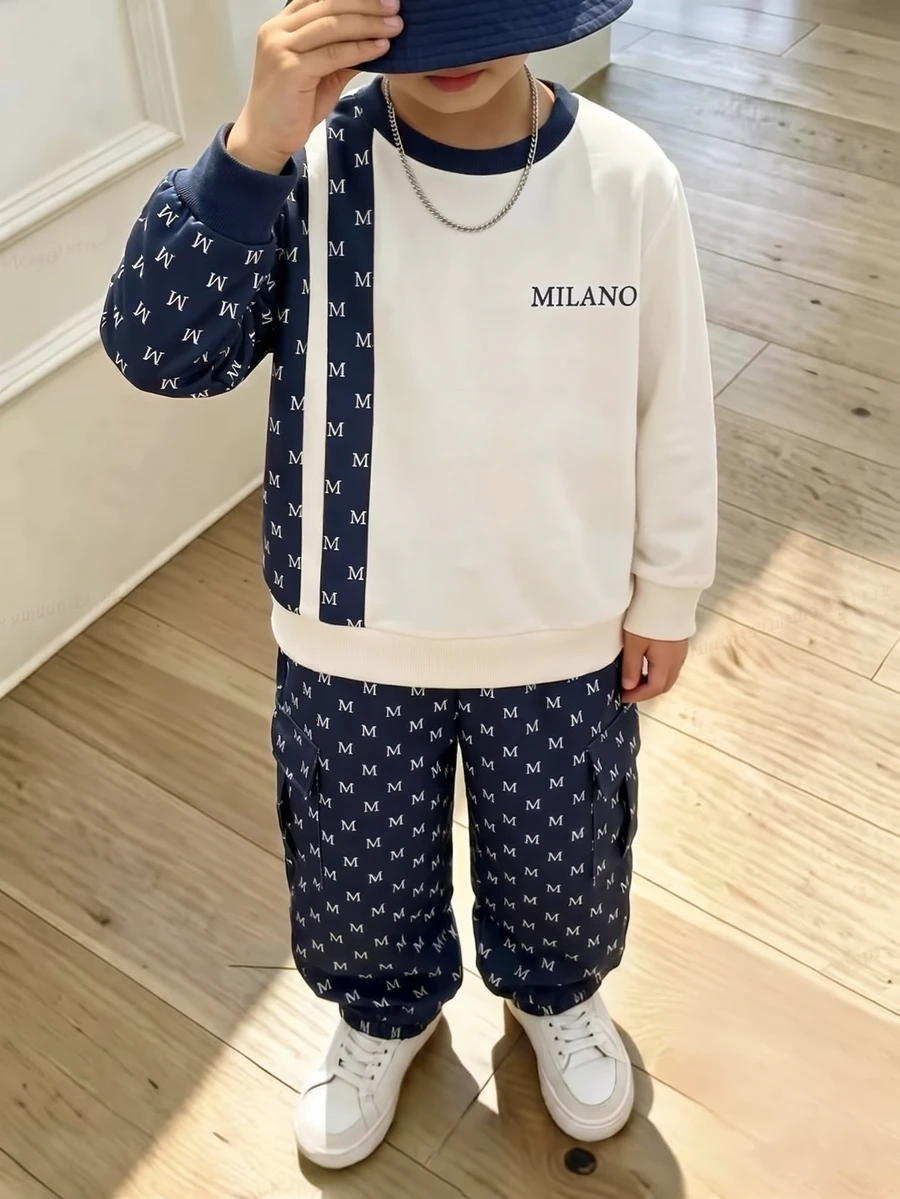 Genkimix Kids 2件組小男孩休閒運動學院街頭風可愛酷感漸層圖案英文字母運動衫+長褲,適合日常穿著、上學 - 藍色 - 查看 1