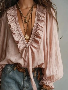Omancia Vintage Casual V-Neck Double Layer Ruffle Tie Sleeve Pink Blouse - Pink - View 6