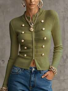LUMIGAL Women's Fall Double-Breasted Olive Green Button Decor Ribbed Knit Cardigan Stand Collar Zip Front Slim Fit Cropped Sweater Elegant Work Everyday - Olive Green - View 1