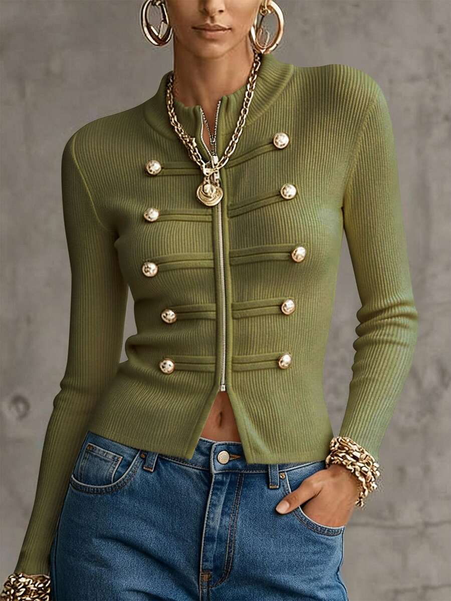 LUMIGAL Women's Fall Double-Breasted Olive Green Button Decor Ribbed Knit Cardigan Stand Collar Zip Front Slim Fit Cropped Sweater Elegant Work Everyday - Olive Green - View 1