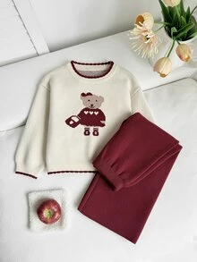 SHEIN 2026 春/秋新款 4-7 歲女童毛衣套裝，2 件套，適合休閒外出、週末家庭聚會和學校活動 - 紅色 - 查看 3