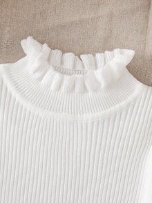 SHEIN 女童新款秋冬純色高領荷葉邊針織套頭衫，時尚保暖內搭底層上衣 - 米色 - 查看 3