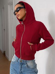 SHEIN EZwear 女款純色極簡運動休閒寬鬆連帽衛衣，適合畢業、機場、返校穿搭，教師秋季灰色上衣 - 酒紅色 - 查看 4