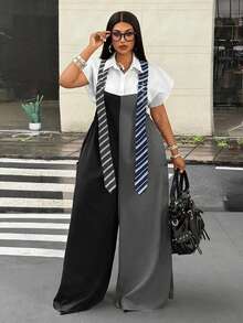 Maweii Plus Size Sexy Colorblock Pocket Loose Jumpsuit For Vacation - Multicolor - View 1