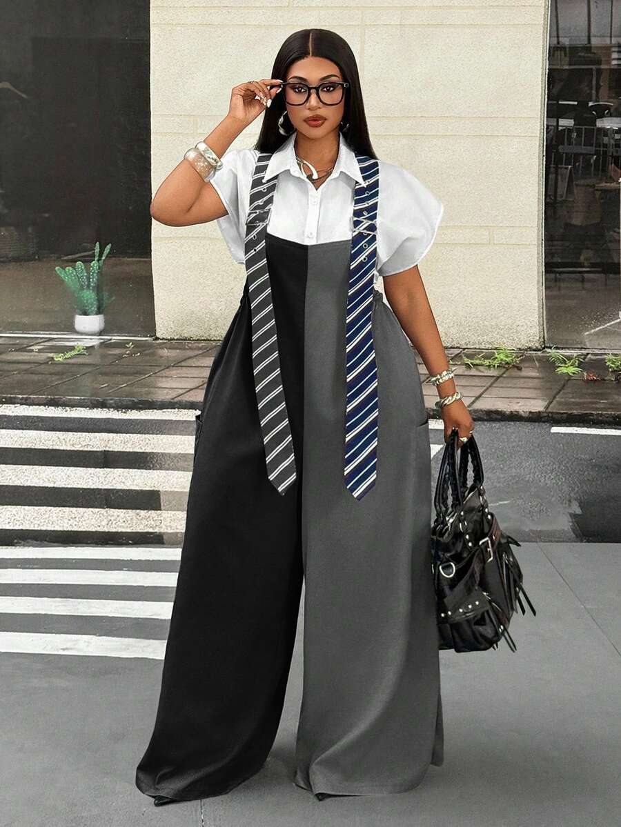 Maweii Plus Size Sexy Colorblock Pocket Loose Jumpsuit For Vacation - Multicolor - View 1