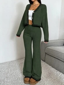 CovetEZ 2pcs/Set Women Solid Color Patchwork Front Button Long Sleeve Casual Sweater And Pants Set,Women's Fall Clothes - Army Green - View 5