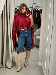 SHEIN Fall Solid Heather Knit High Turtleneck Irregular Hem Tassel Fringe Cape Poncho Outerwear Shawl - Red - View 4