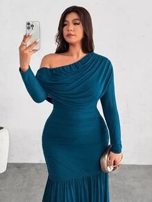 Firerie 大尺碼女款優雅長袖不對稱領長洋裝，黑色秋季正式晚禮服，百褶腰針織洋裝，婚禮賓客派對穿著 - 水鴨藍 - 查看 6