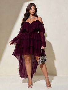Viva Relle Plus Size Sexy Cold Shoulder Spaghetti Strap Front Short Back Long Burgundy Dress Fall - Red Violet - View 4