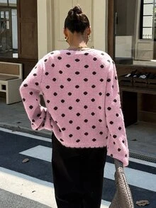 Muchica 女款波點圖案長袖單排扣休閒復古針織開襟衫 秋冬毛衣 可愛聖誕新年早午餐茶會 粉色 - 粉色 - 查看 2