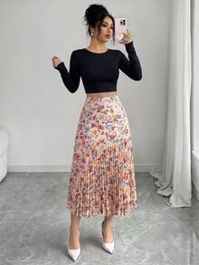 Elenzga 女款優雅波點印花拼接百褶裙 - 彩色 - 查看 3
