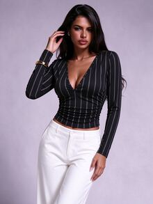 Nooralise Black And White Striped Deep V-Neck Cinched Waist Slim Fit Draped Long Sleeve Top - Black - View 5