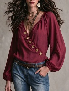 EMERY ROSE Women's Plus Size Holiday New Cross V-Neck Button Casual Top, Spring Summer Autumn Winter Outwear Workwear Teacher Uniform Street Style Burgundy Solid Color Blouse - Burgundy - View 3